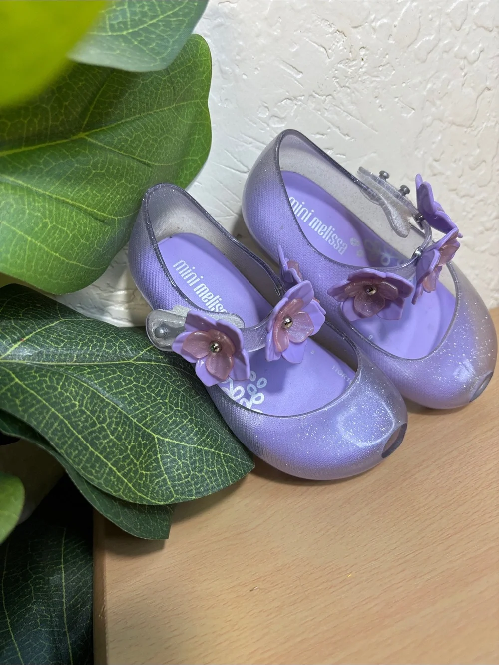 Mini Melissa Girls' Purple Glitter Jelly Floral Mary Janes